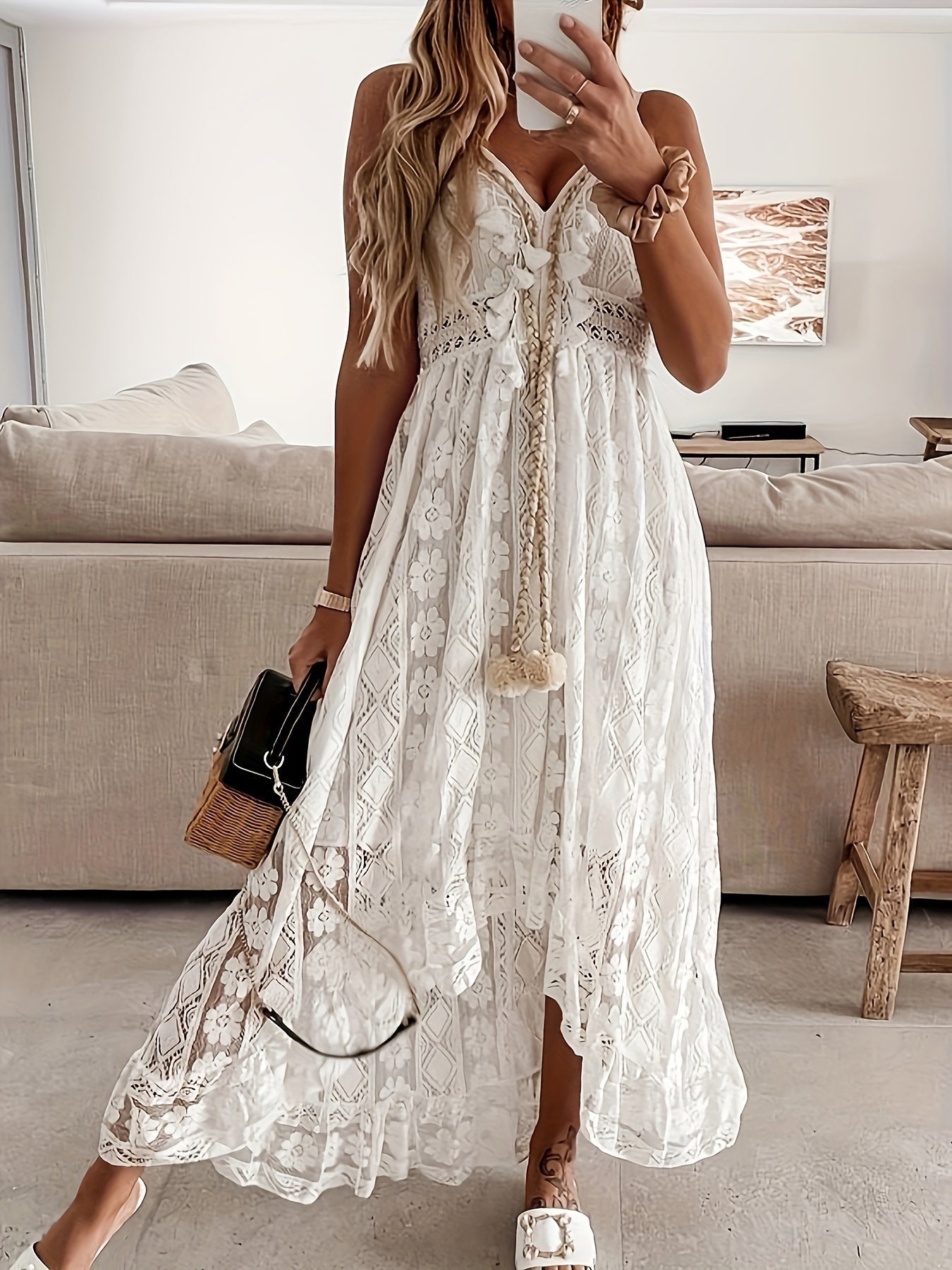 Damen Boho Maxikleid mit Spitze und V-Ausschnitt – Elegantes Sommerkleid für besondere Anlässe