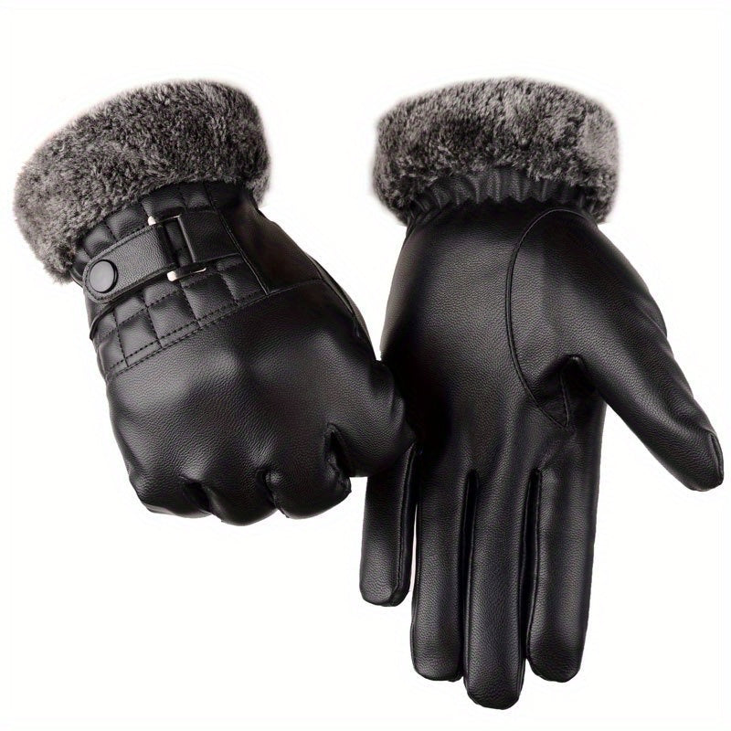 Unisex Handschuhe Schwarz mit Fellbesatz und Schnalle