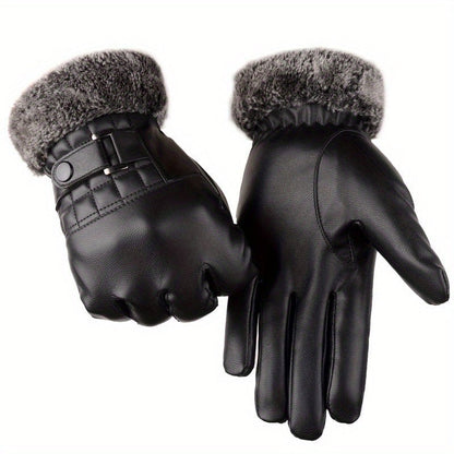 Unisex Handschuhe Schwarz mit Fellbesatz und Schnalle