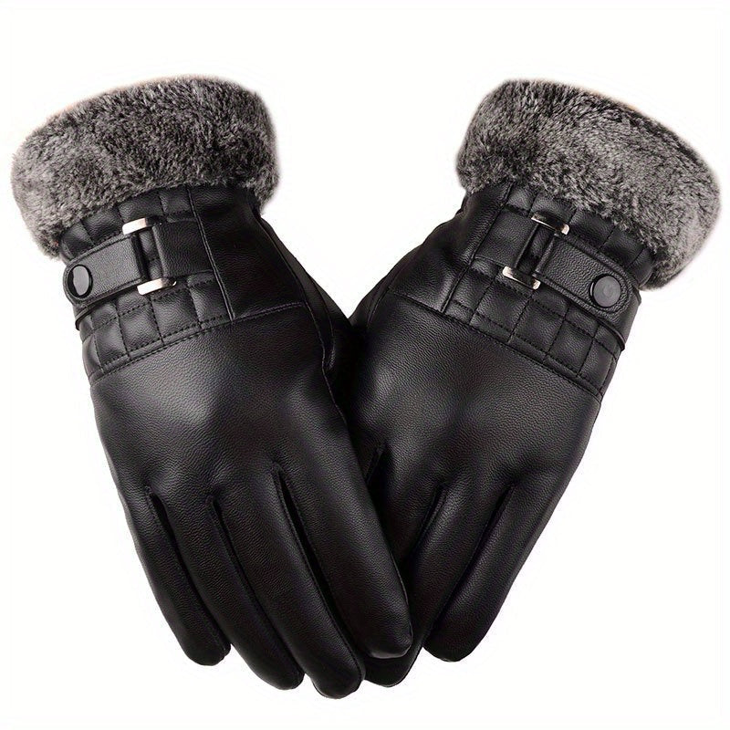 Unisex Handschuhe Schwarz mit Fellbesatz und Schnalle