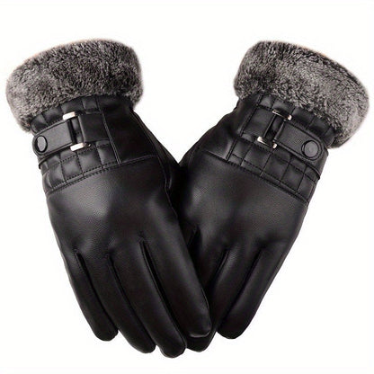 Schwarze Winterhandschuhe mit Kunstpelzbesatz und Schnalle