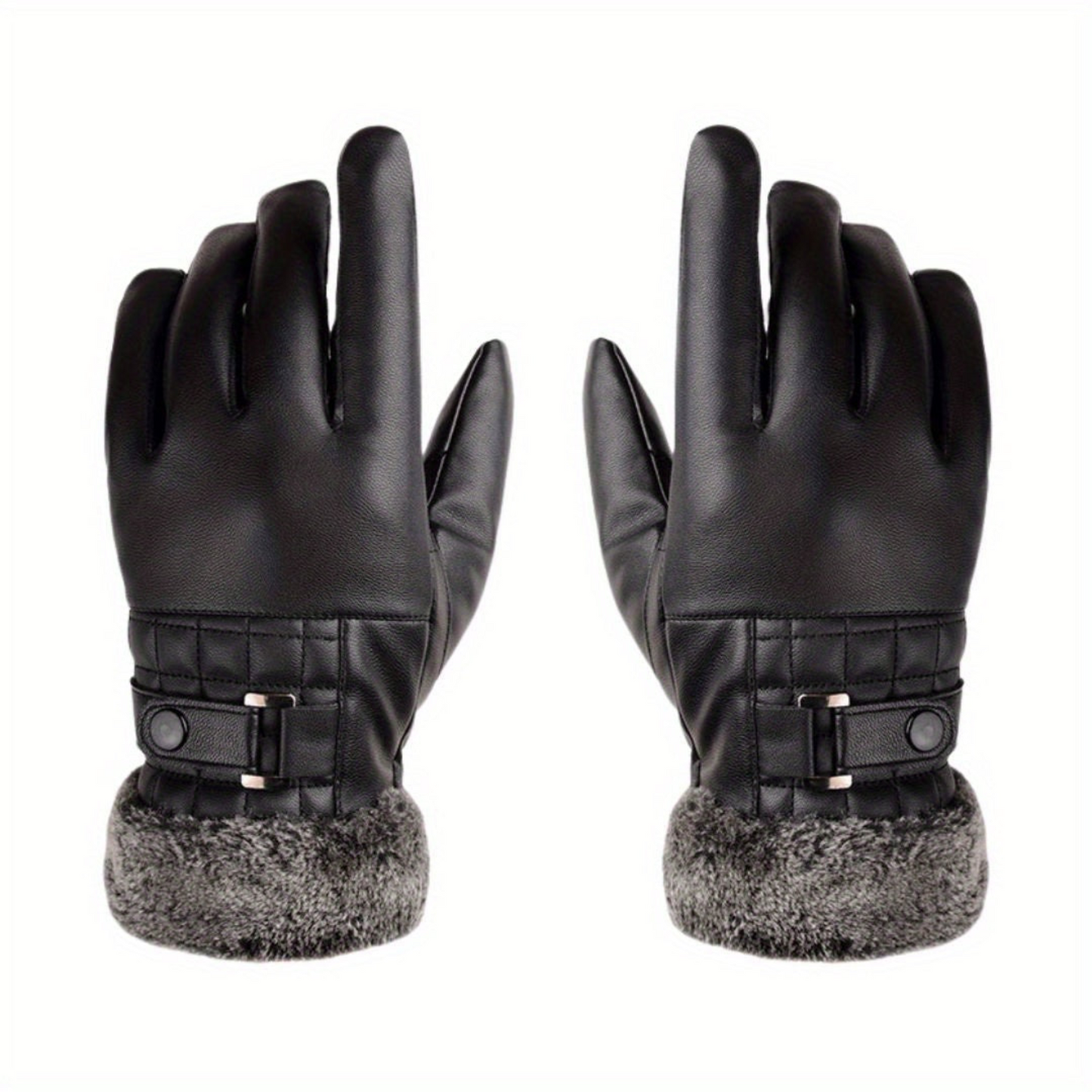 Unisex Handschuhe Schwarz mit Fellbesatz und Schnalle