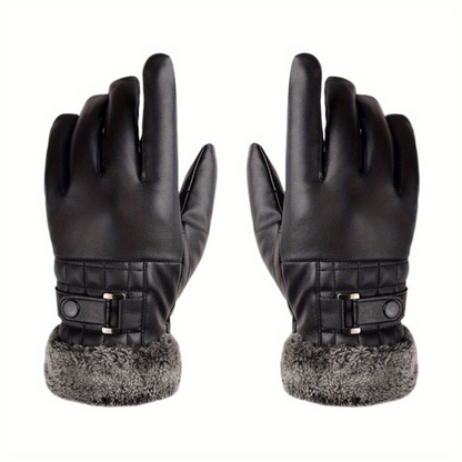 Unisex Handschuhe Schwarz mit Fellbesatz und Schnalle