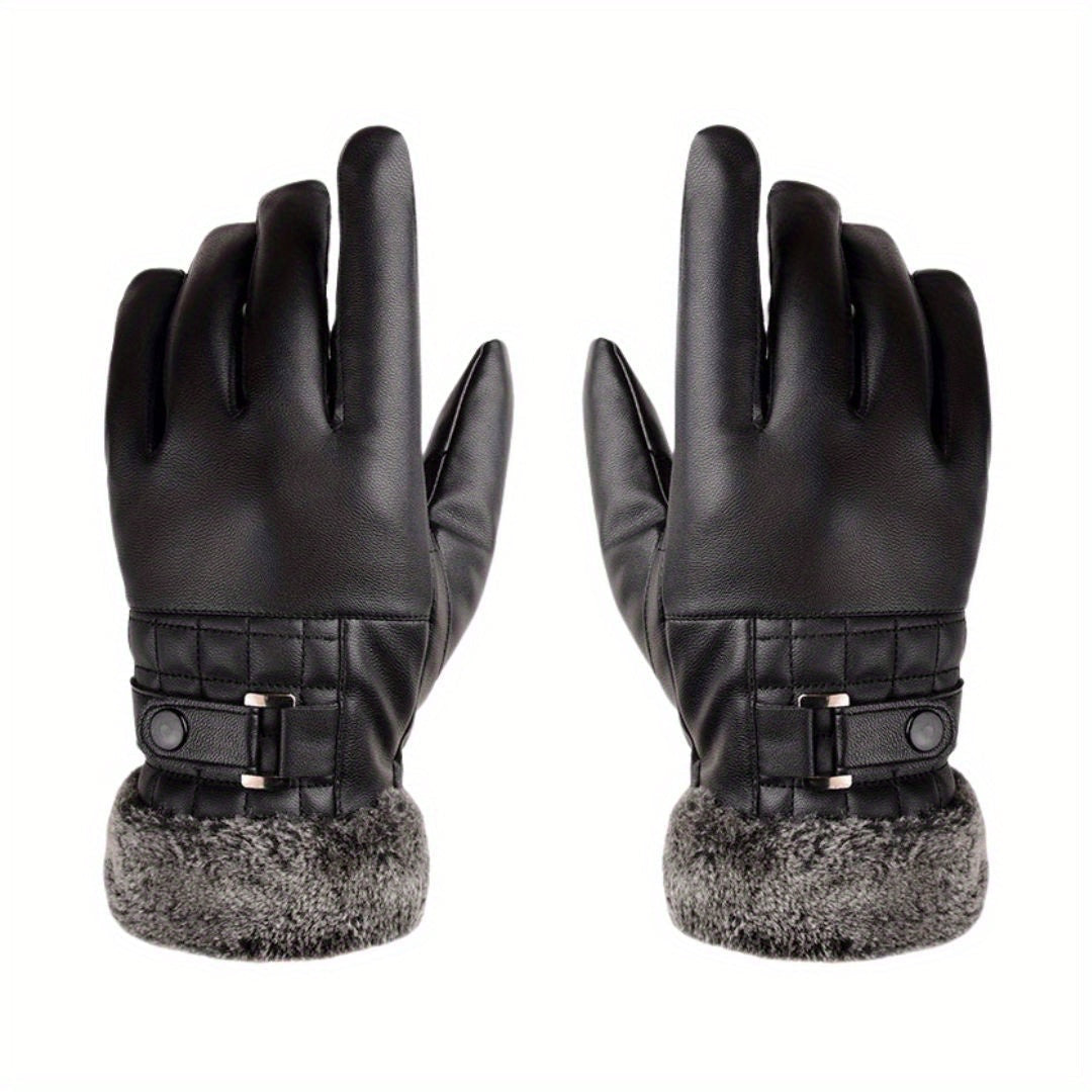Schwarze Winterhandschuhe mit Kunstpelzbesatz und Schnalle