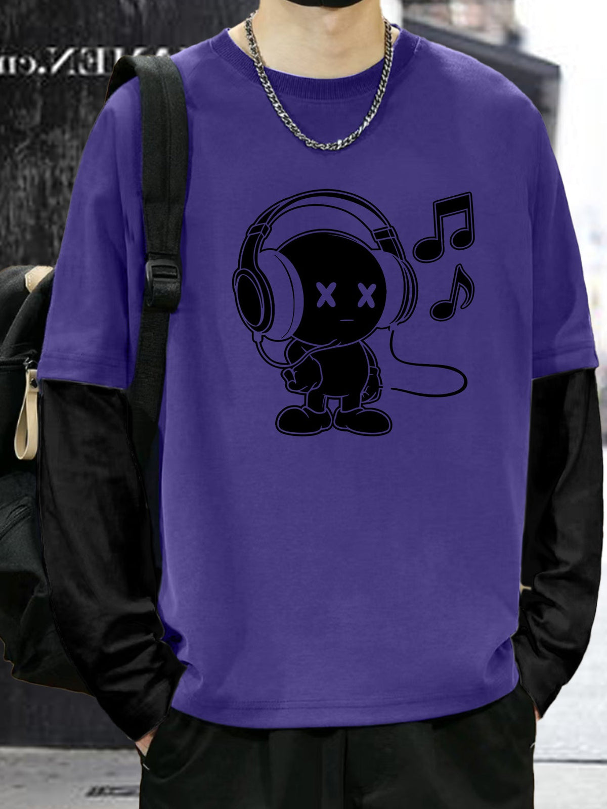 Unisex Langarm T-Shirt mit Cartoon-Print und Kopfhörern, Lagenlook