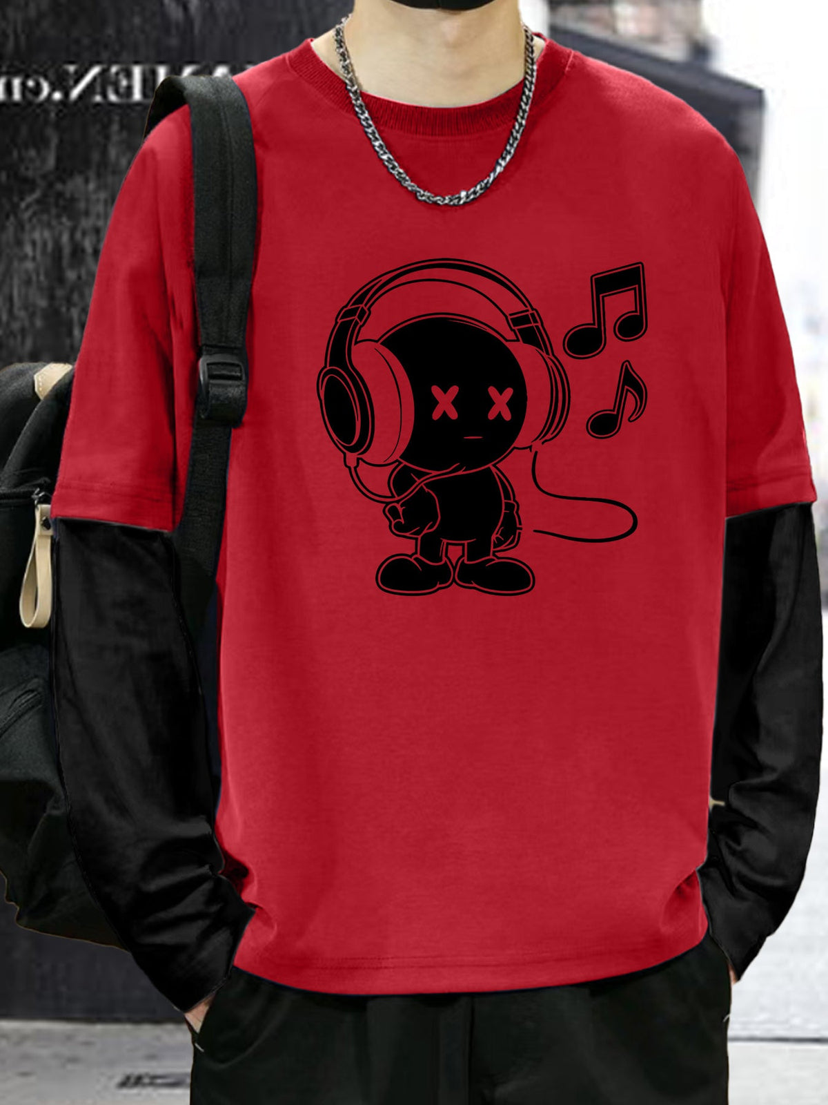Unisex Langarm T-Shirt mit Cartoon-Print und Kopfhörern, Lagenlook