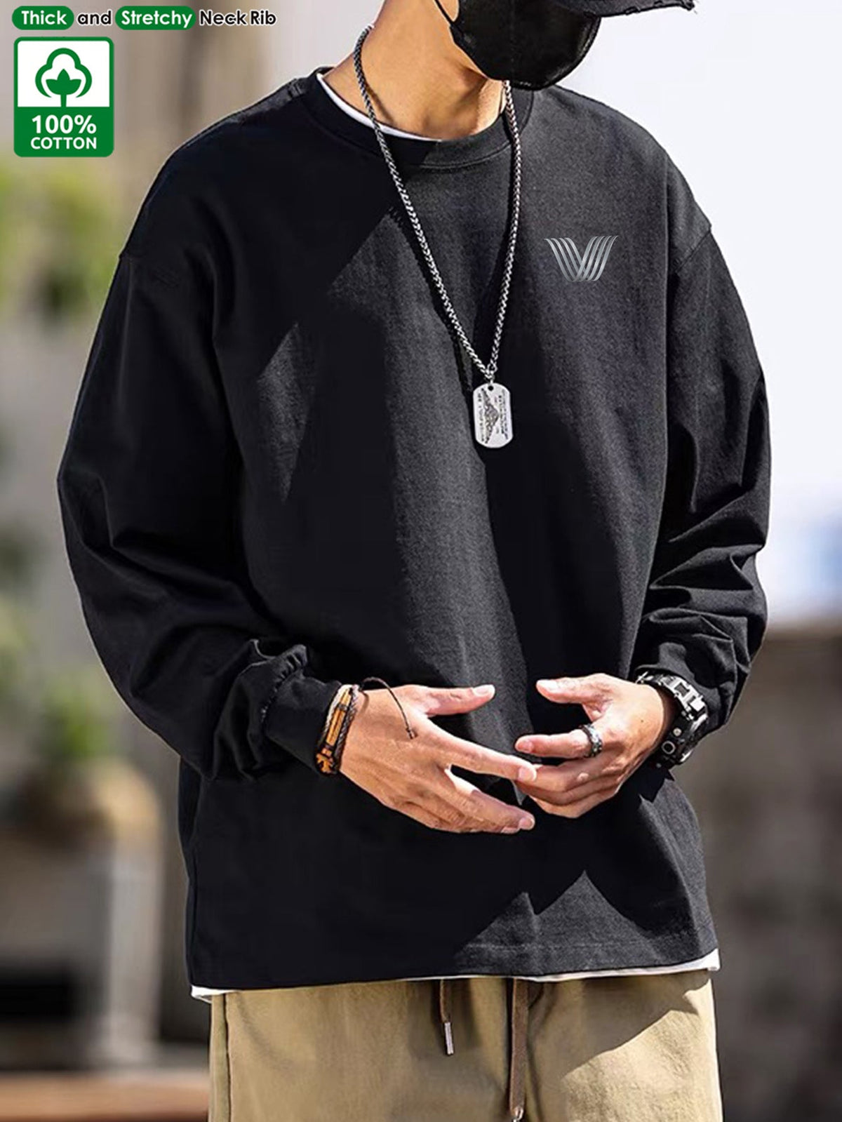 Herren Langarmshirt Rundhals mit Logo-Applikation