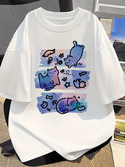 Damen & Herren Oversize T-Shirt mit verspieltem Katzen-Motiv – Kreativer Streetstyle