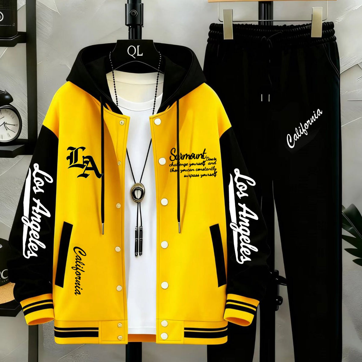 Baseballjacke und Trainingshose Set für Herren - Sportanzug mit "Los Angeles" Schriftzug