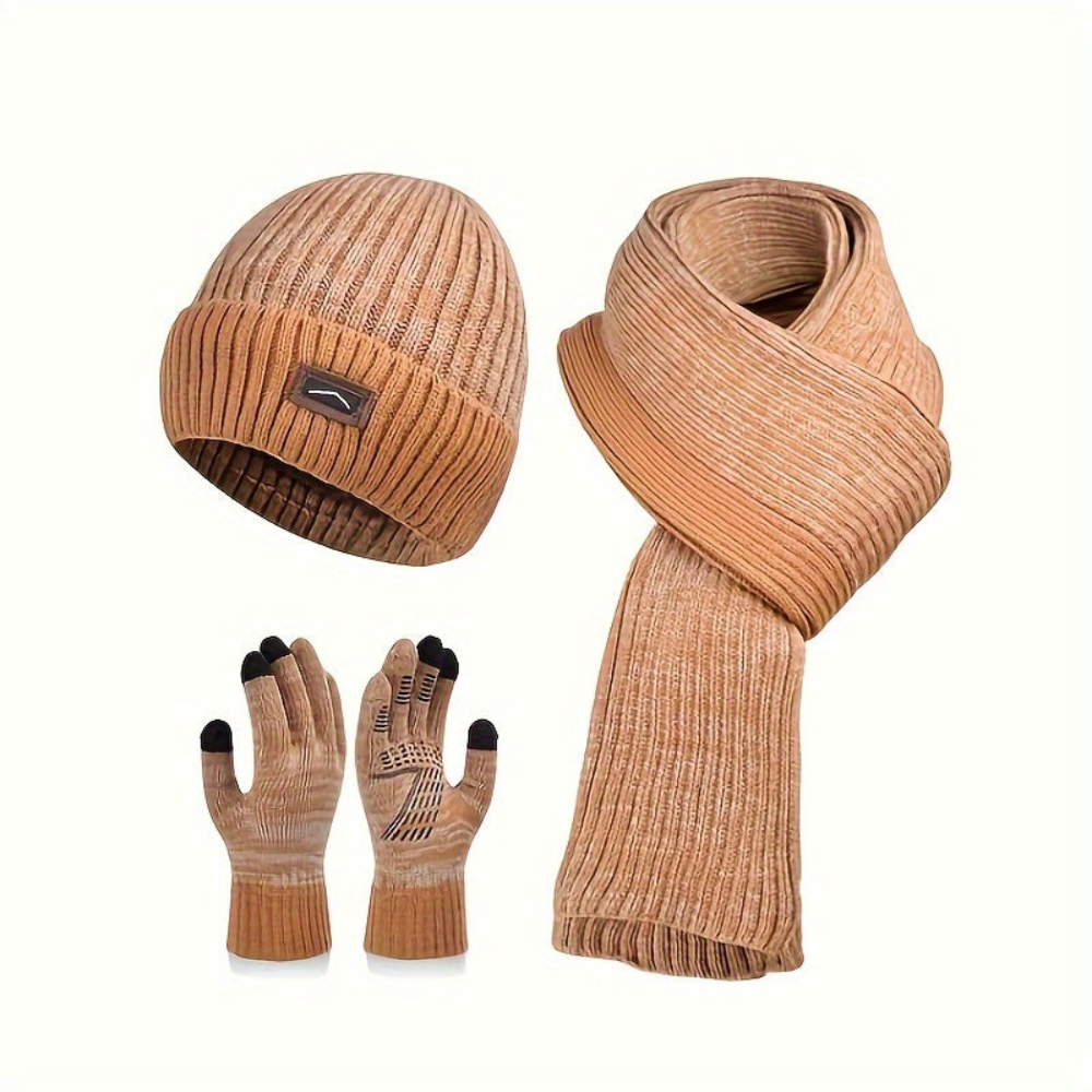 Unisex Wintermütze Schal Handschuhe Set, Gestrickt mit Innenfutter, Grau Melange