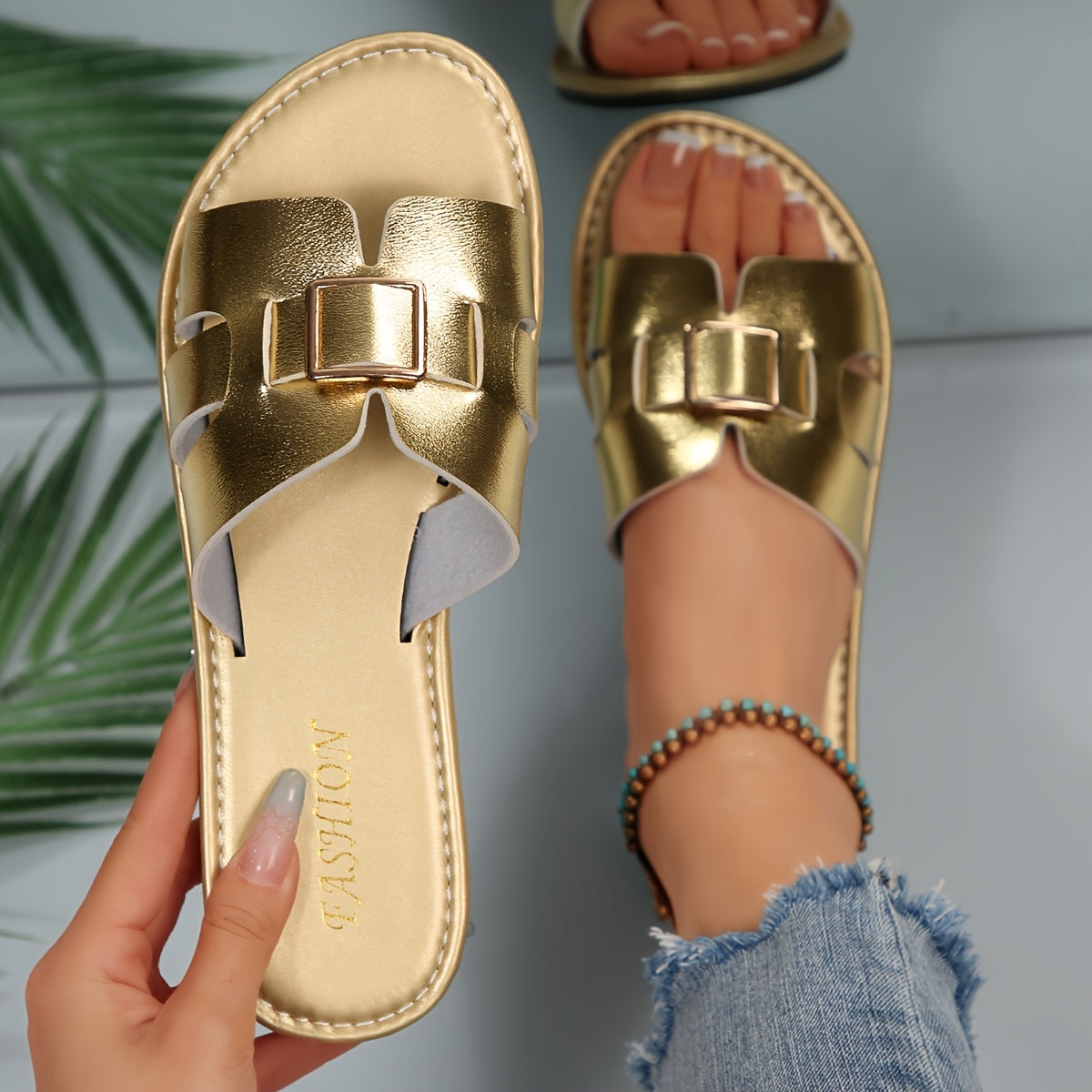 Damen Slide Sandalen mit Schnalle – Bequeme modische Flats für Alltag & Freizeit
