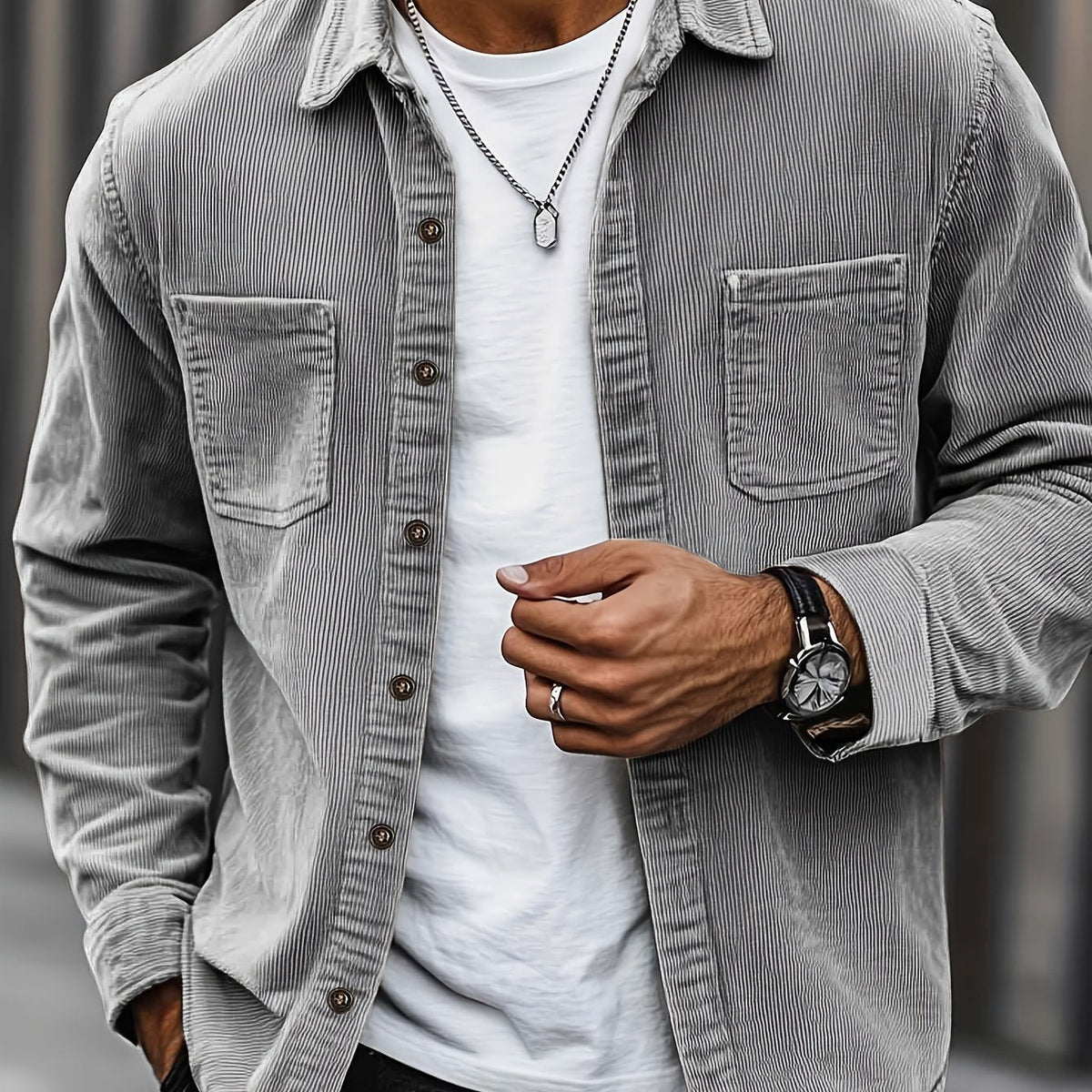 Herren Cordhemd Overshirt mit zwei Brusttaschen Langarm Freizeithemd
