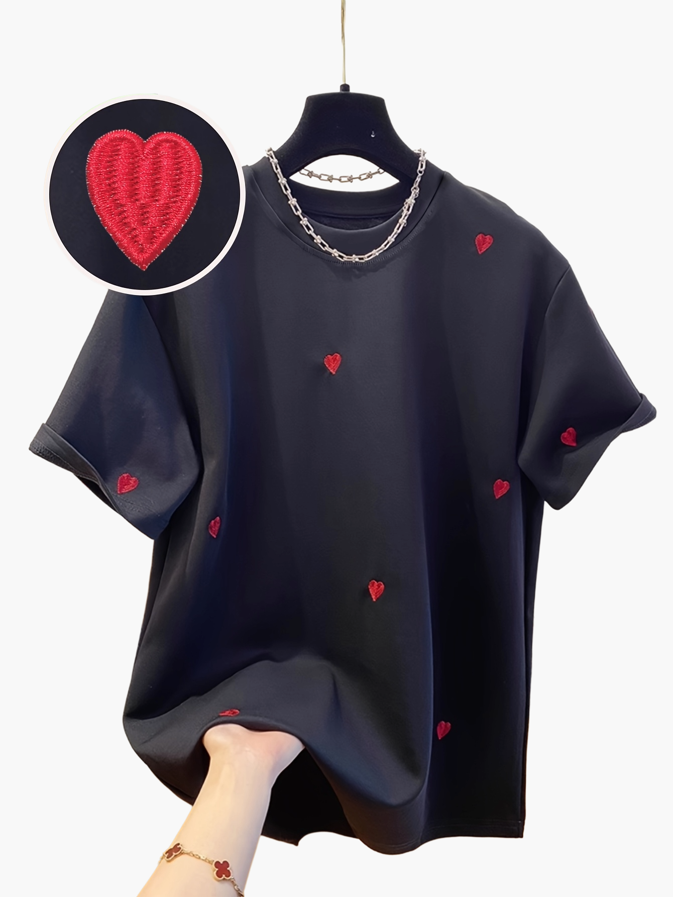 Damen Trendiges T-Shirt mit gestickten Herzen – Streetstyle Casual Kurzarm
