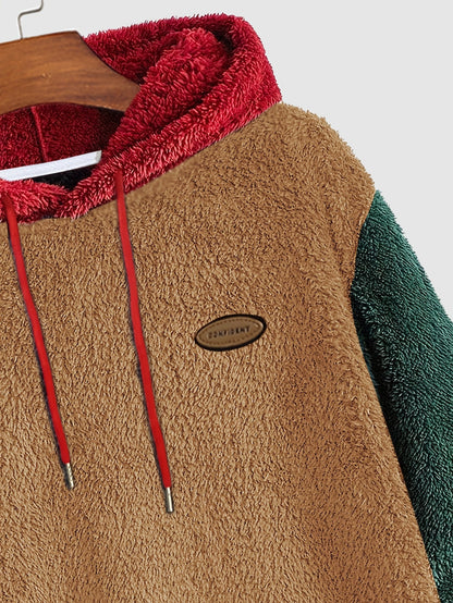 Teddy-Fleece Color-Block Hoodie mit Kängurutasche und Kapuze