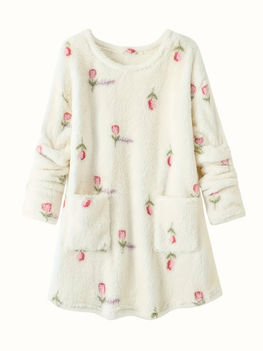 Damen flauschiges Nachthemd Schlafkleid mit Blumenmuster und Taschen