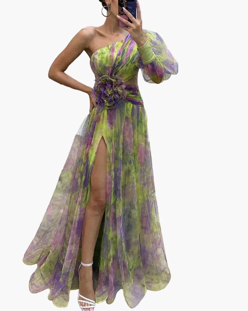 Damen Abendkleid One-Shoulder Maxikleid Elegant mit Schlitz und Federdetails – Perfekt für besondere Anlässe