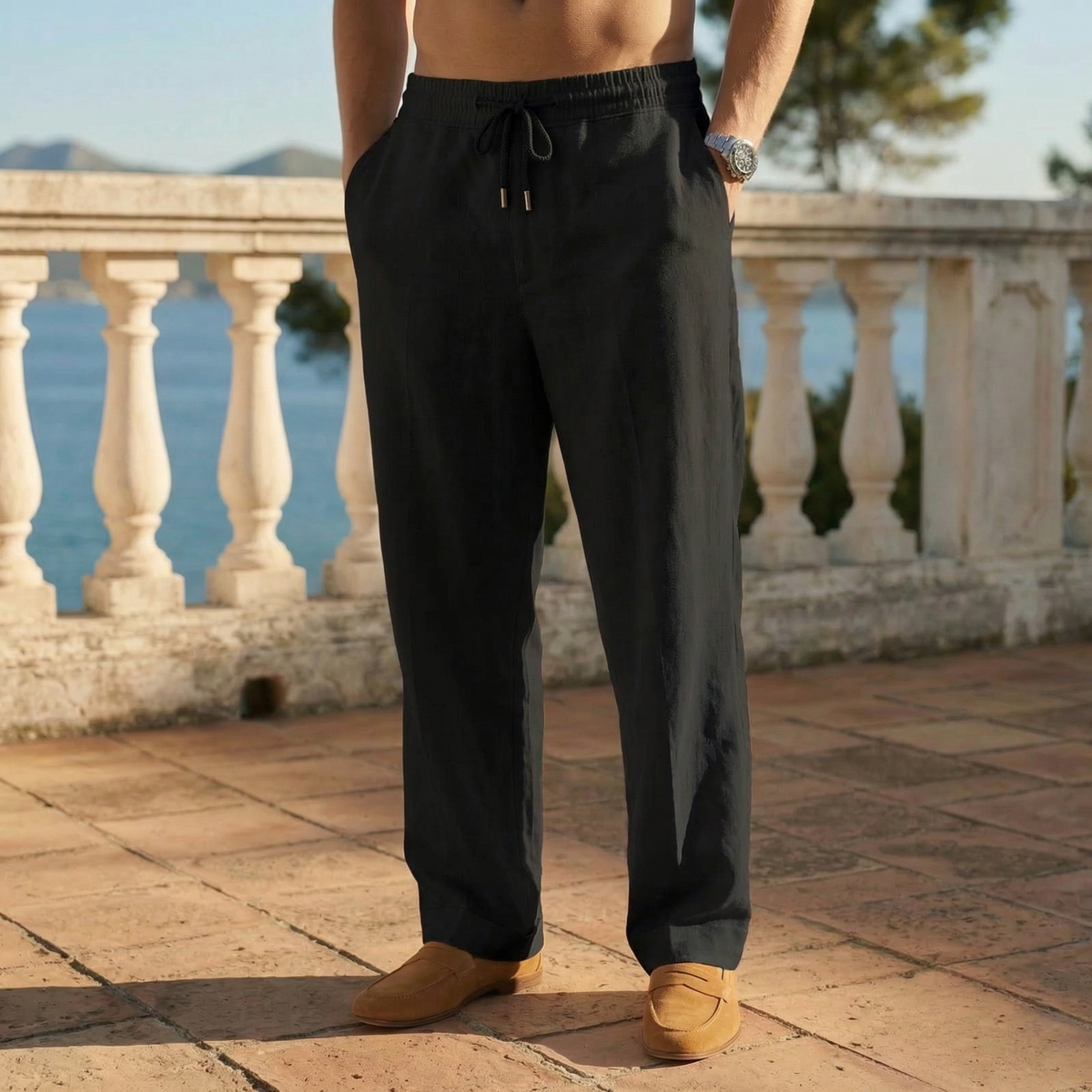 Herren Freizeithose Leinenoptik mit Kordelzug und geradem Bein