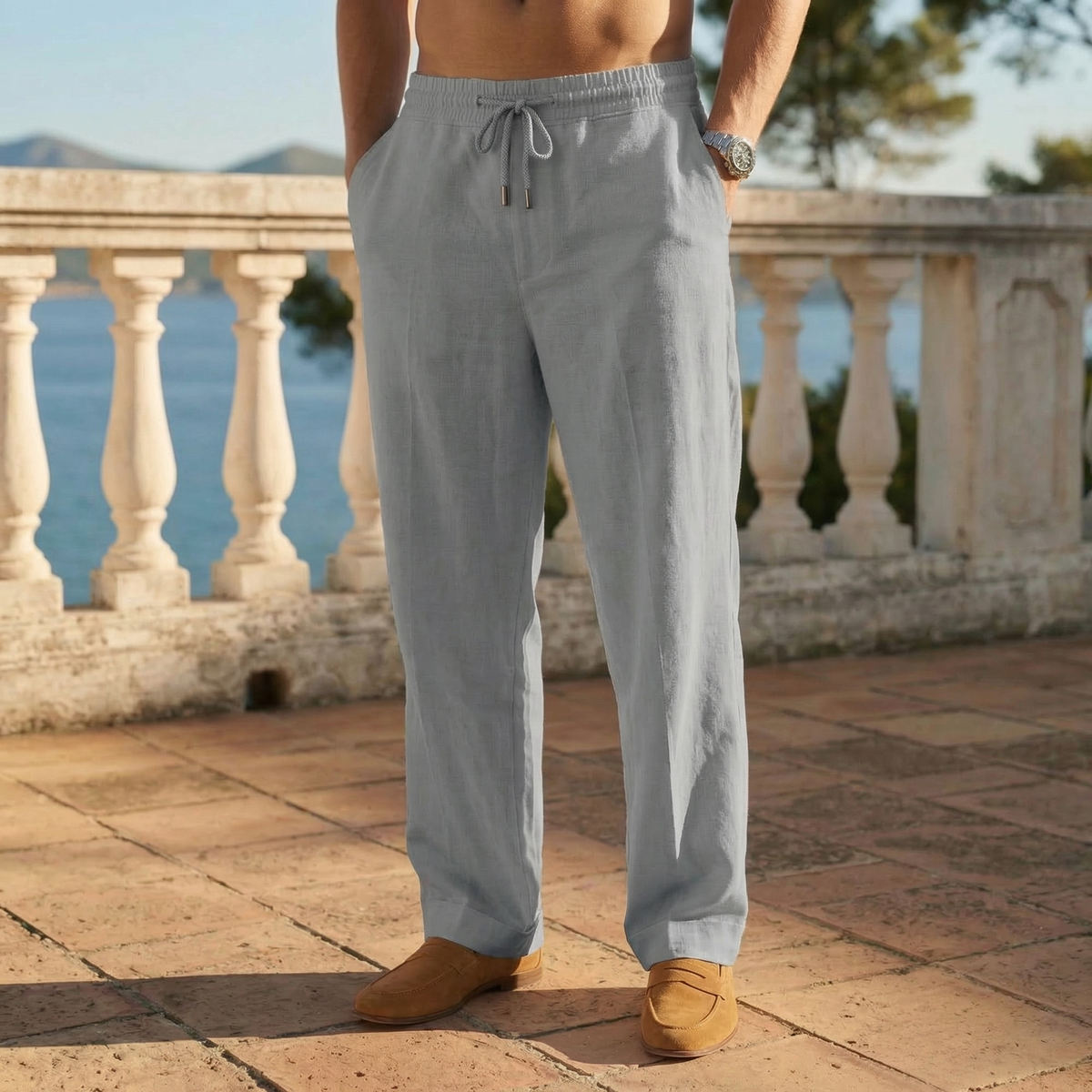 Herren Freizeithose Leinenoptik mit Kordelzug und geradem Bein