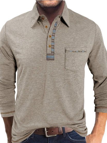 Herren Langarm Polo-Shirt mit Kragen, Knopfleiste und Brusttasche