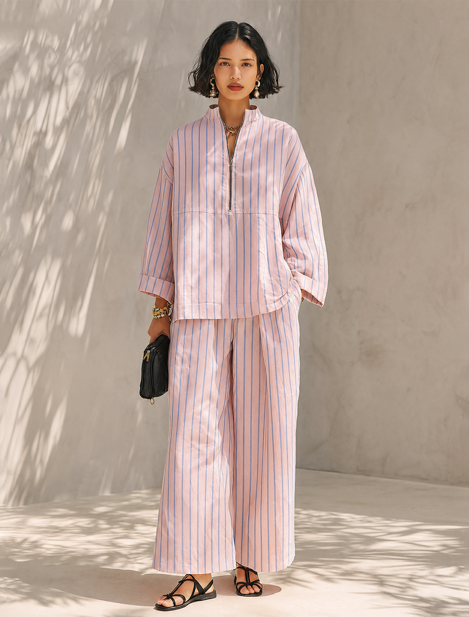 Damen Schlafanzugset Rosa mit Streifen Halbzip-Oberteil und weiter Hose