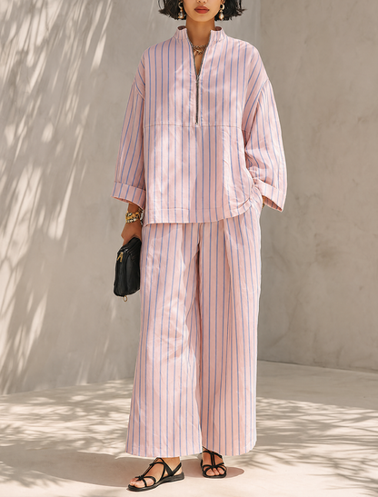 Damen Schlafanzugset Rosa mit Streifen Halbzip-Oberteil und weiter Hose
