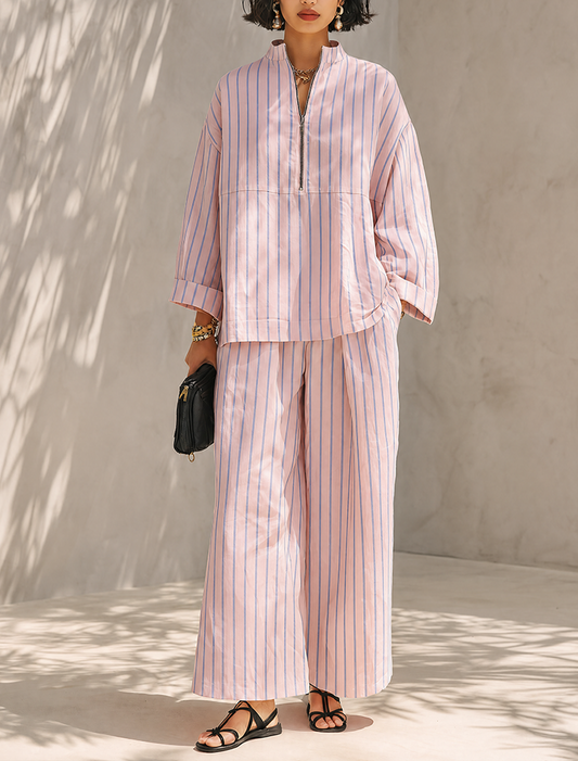 Damen Schlafanzugset Rosa mit Streifen Halbzip-Oberteil und weiter Hose