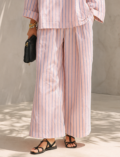 Damen Schlafanzugset Rosa mit Streifen Halbzip-Oberteil und weiter Hose