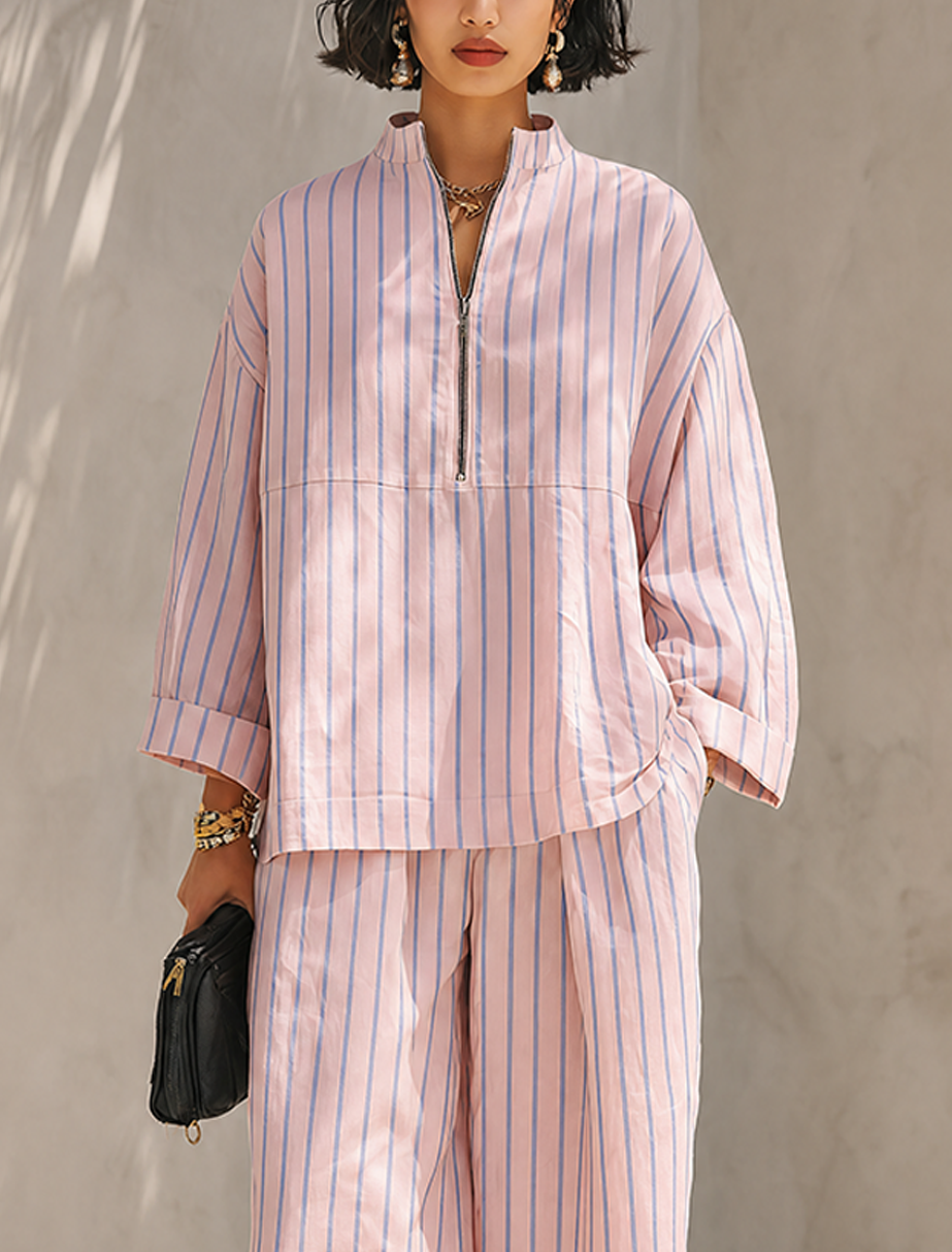 Damen Schlafanzugset Rosa mit Streifen Halbzip-Oberteil und weiter Hose