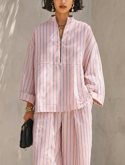 Damen Schlafanzugset Rosa mit Streifen Halbzip-Oberteil und weiter Hose