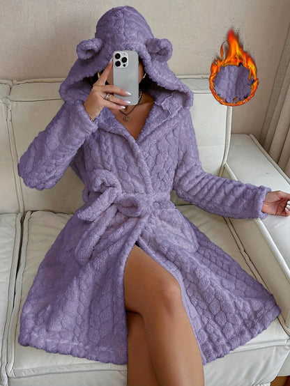 Damen Bademantel Flauschig mit Kapuze & Ohren Bindegürtel Langarm