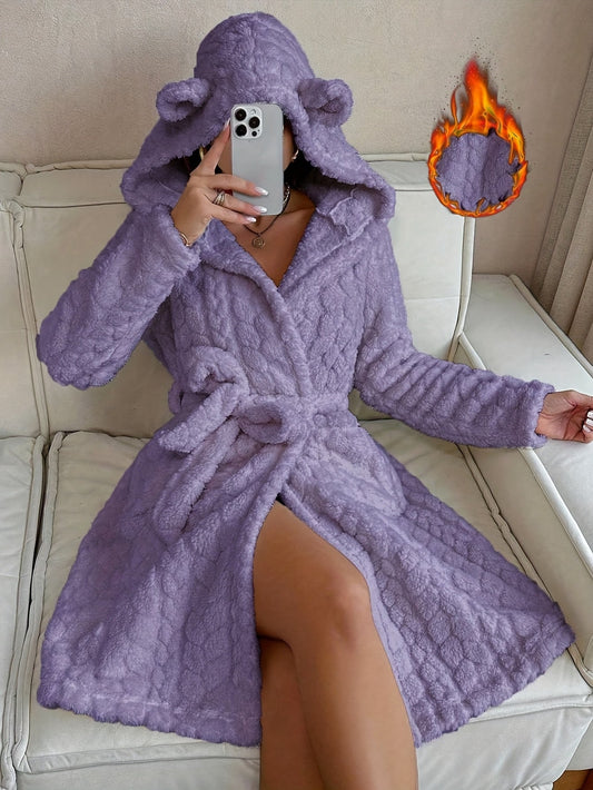 Damen Bademantel Flauschig mit Kapuze & Ohren Bindegürtel Langarm