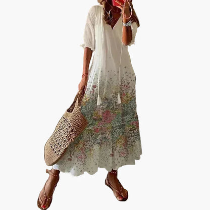 Damen Boho Maxikleid Sommer Freizeitkleid mit Blumenmuster und V-Ausschnitt – Perfekt für Strand & Alltag