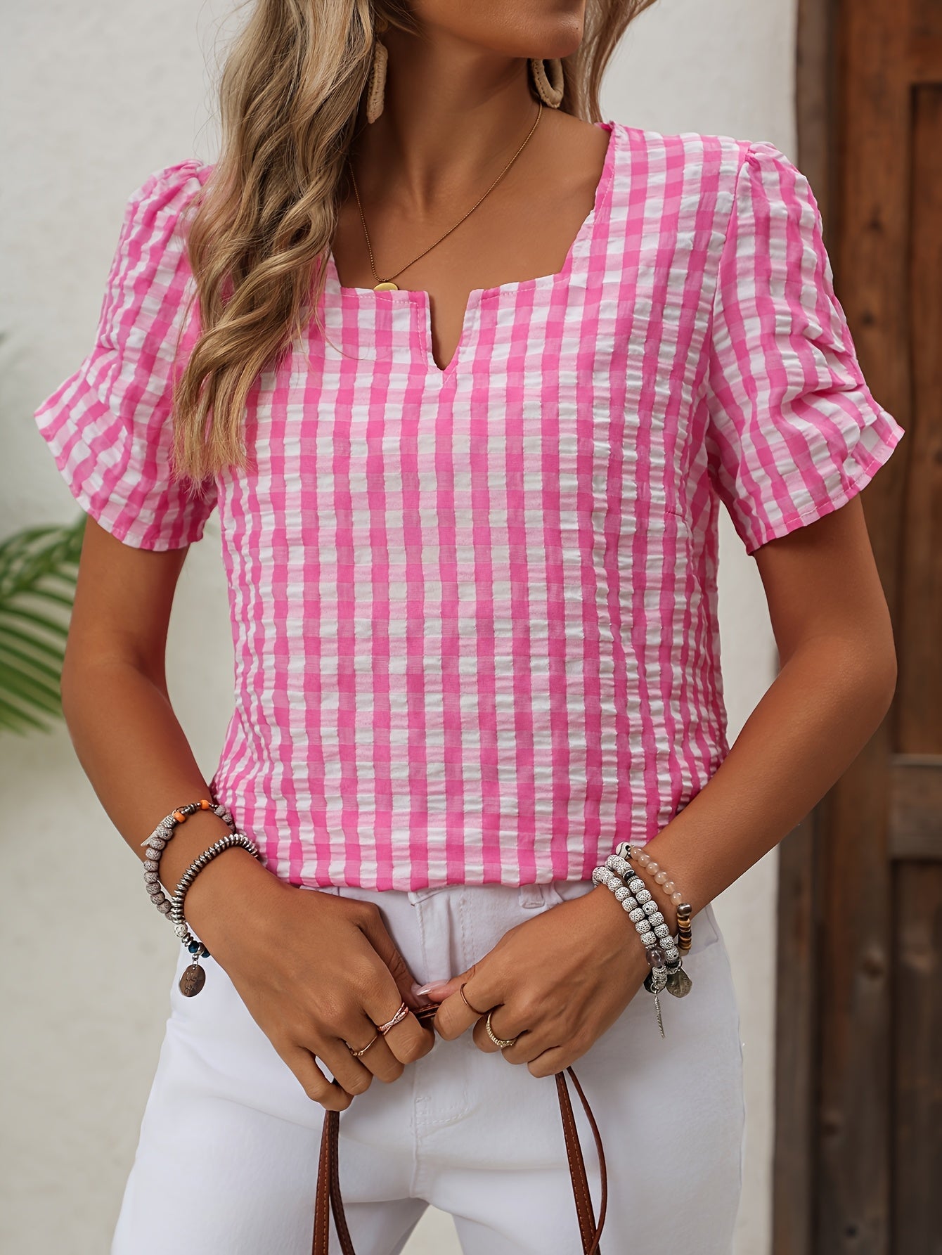Damen Bluse im eleganten Vichy-Karo Stil mit Kurzarm – Perfekt für Freizeit und Alltag