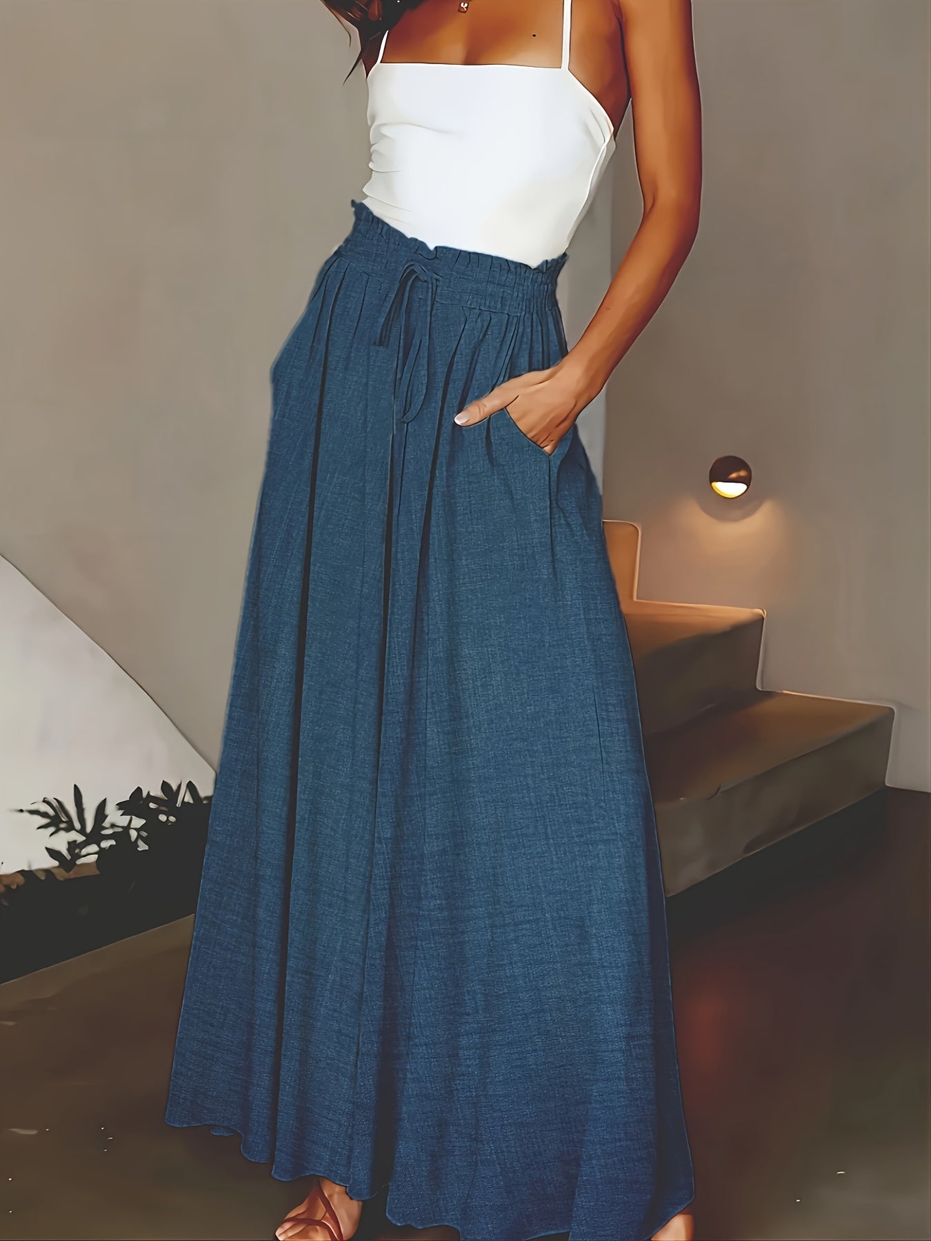 Damen Weite Bein Palazzo Hose mit Hohem Bund und Kordelzug – Eleganter Sommerlook für Freizeit und Alltag