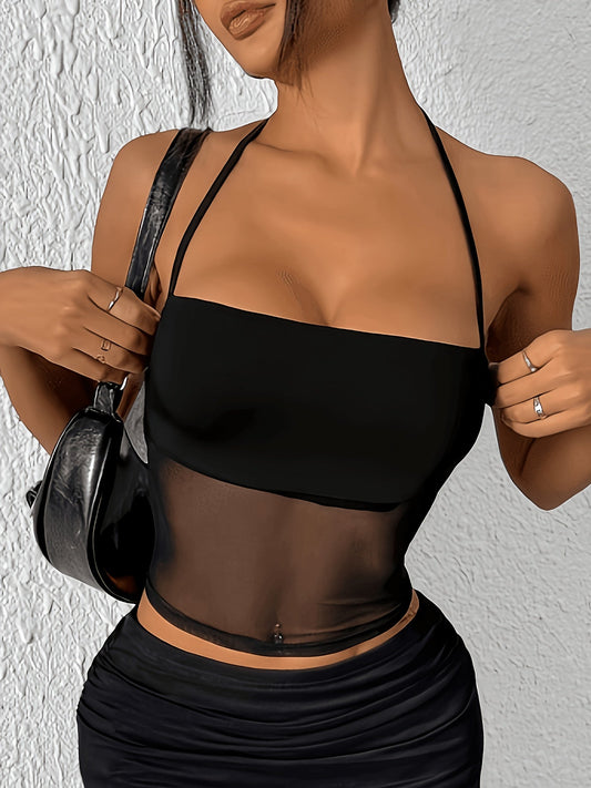 Damen Halterneck Party Mesh Crop Top – Eleganter Clubwear Look