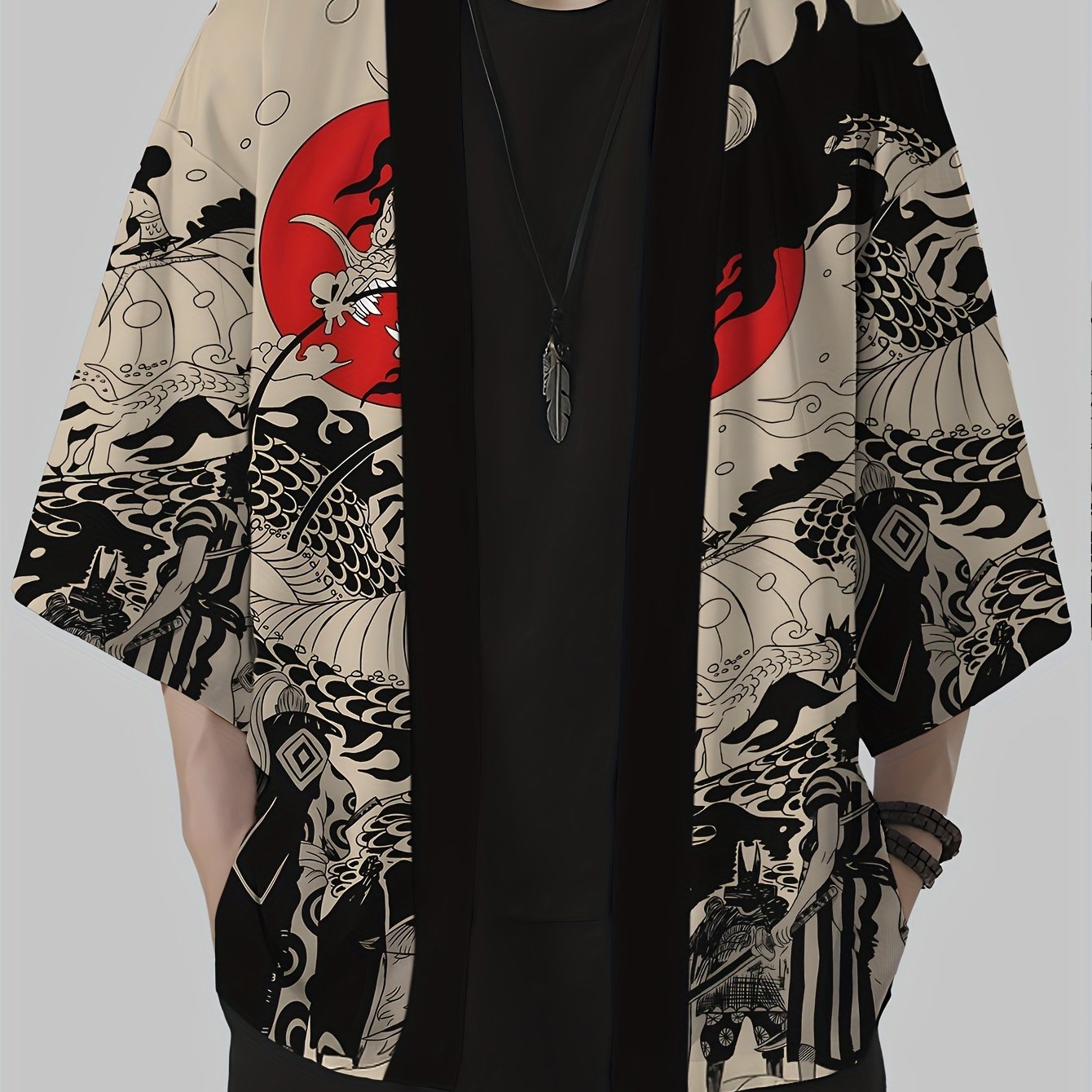 Herren Kimono Cardigan mit japanischem Drachen- und Samurai-Print – Streetwear Stil