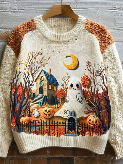 Damen Pullover Beige mit Katzenmotiv und Blumen – Rundhals Strickpullover