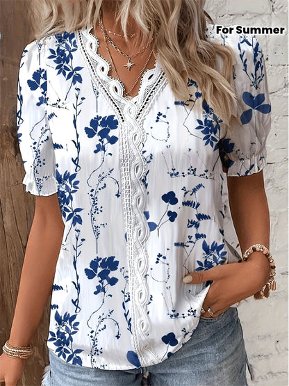 Damen Bluse mit Spitzenbesatz und floralem Print – Elegante Sommermode im Casual-Stil