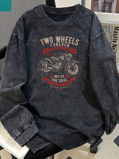 Langarmshirt Herren Vintage Washed Motorrad Print Rundhals