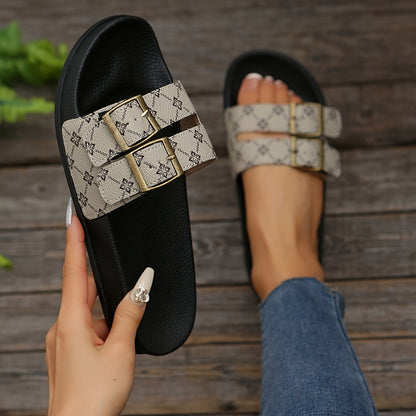 Damen Slide Sandalen mit Doppelriemen und Schnallen – Modische Freizeitschuhe für Alltag und Urlaub