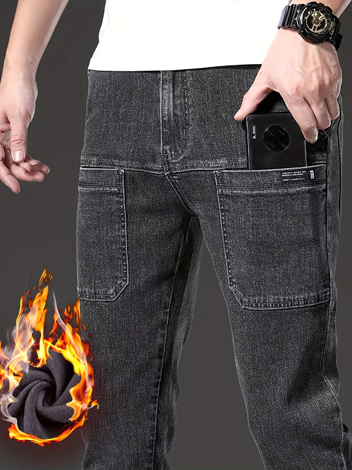 Herren Winter Jeans Hose gefüttert mit Cargotaschen Schwarz