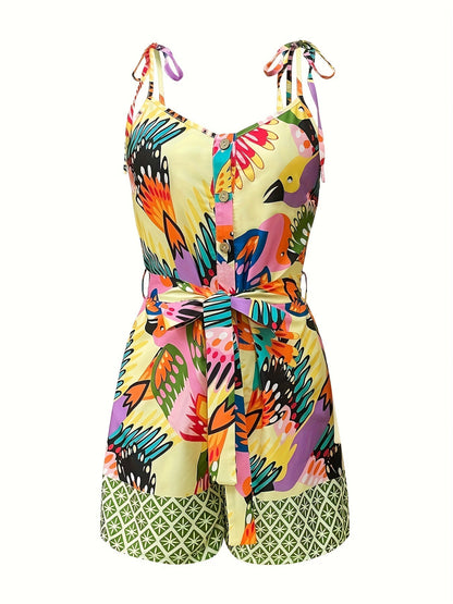 Damen Sommer Jumpsuit mit Gürtel – Eleganter Overall mit buntem Print und Spaghetti-Trägern für Freizeit und Urlaub