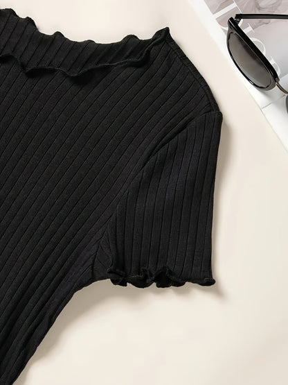 Damen Basic Kurzarm Rippen-Shirt mit Wellenkante – Stilvolles Freizeit- & Büro-Oberteil