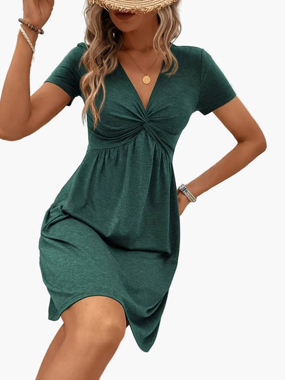 Damen Sommer Kleid mit Twist-Detail und V-Ausschnitt – Eleganter Freizeit-Look für Alltag und Urlaub