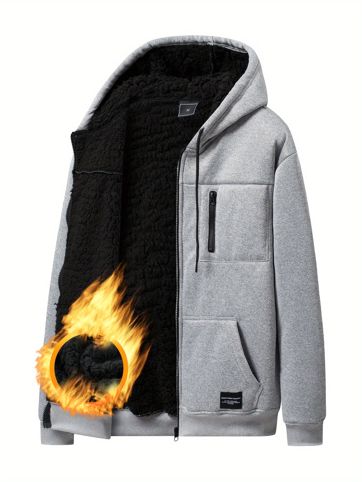 Grauer Herren Kapuzenpullover mit Reißverschluss und Plüschfutter – Warme Kapuzenjacke