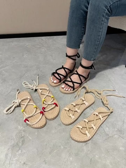 Damen Boho Flache Wickel-Sandalen für Freizeit und Urlaub