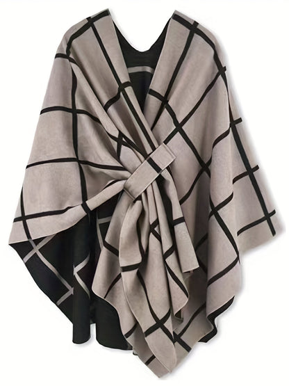 Damen Poncho Kariert Beigefarben mit Schwarz Gittermuster Wickel-Design