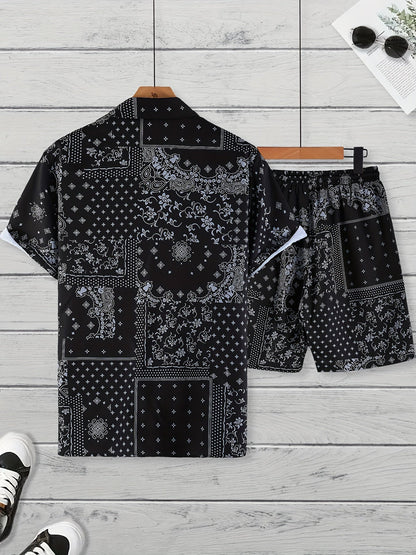 Herren Kurzarm Freizeit Set mit Bandana-Print – Hemd und Shorts, Sommer Outfit, Lässige Mode