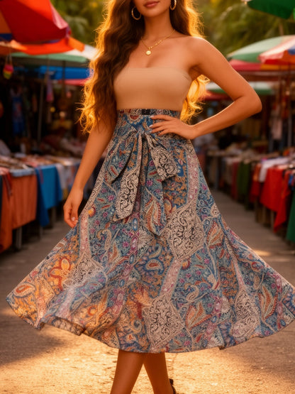 Damen Sommer Midikleid Elegant mit Paisley-Muster und Schleife – Perfekt für den Marktbesuch oder Urlaub