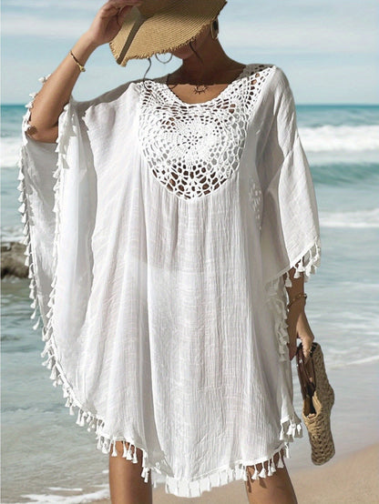 Damen Strand Kaftan Poncho mit Häkel-Details und Fransen – Eleganter Badeüberwurf